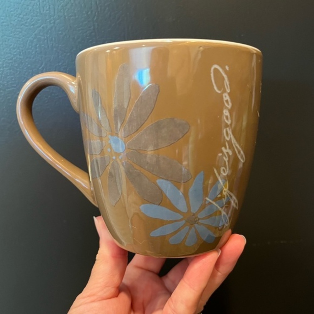 Life is Good Brown Floral Coffee Mug 16 oz. Blue Flowers